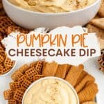 Pumpkin pie cheesecake dip in a bowl, cookie being dipped, surrounded by cookies and pretzels on tray.