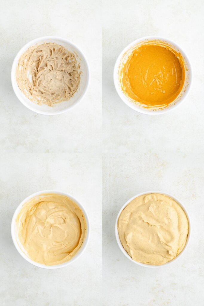Four white bowls viewed from above, each containing a different stage of batter on a light background.