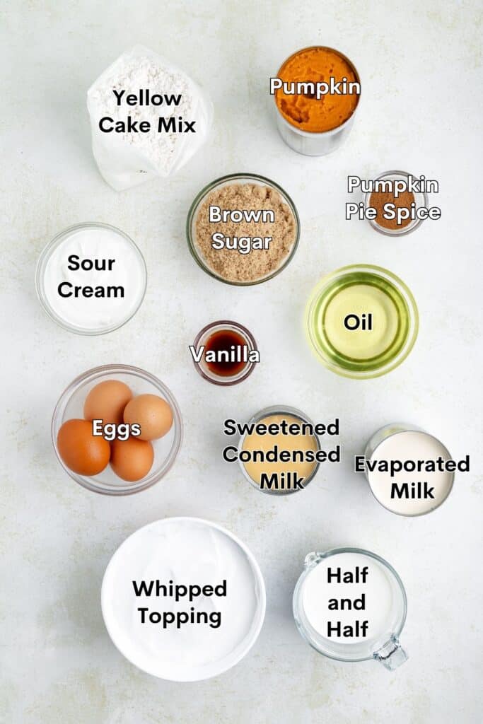 Various labeled baking ingredients such as cake mix, pumpkin, spices, dairy products, eggs, and sweeteners.