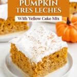 A slice of Pumpkin Tres Leches Cake with white frosting on a plate, pumpkins and cake slices nearby.