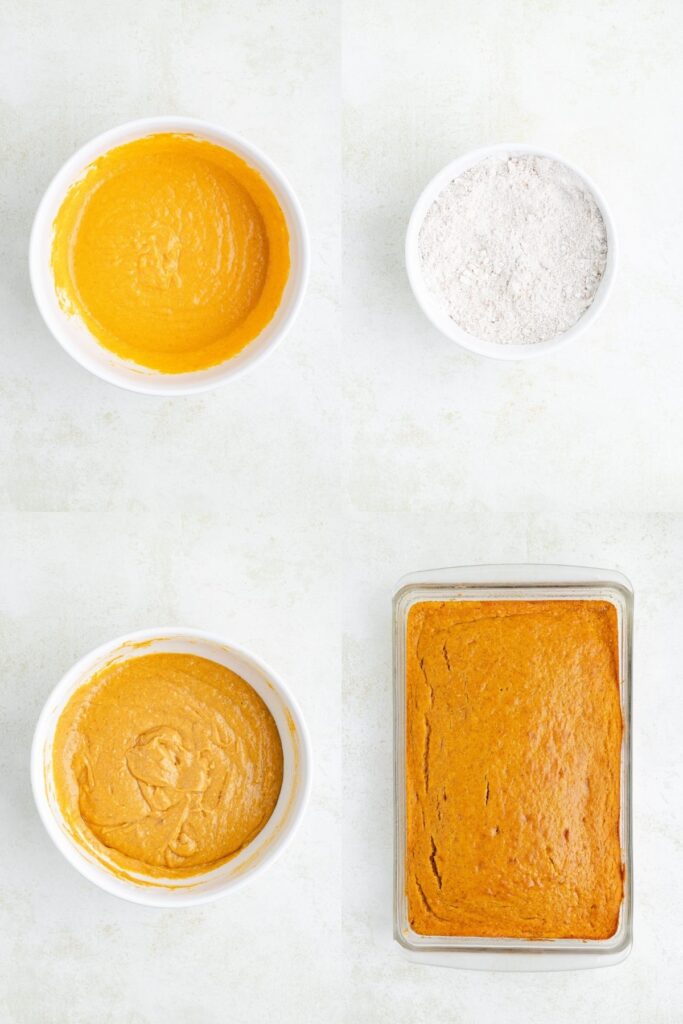 Steps of making pumpkin cake: mixing ingredients, blending batter, and showing the finished cake in a pan.