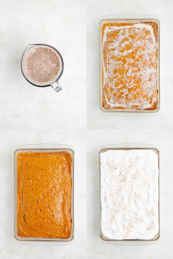 Four-panel image of cake in stages: pouring liquid, soaking, and topped with whipped cream and nutmeg.