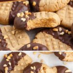 Chocolate dipped peanut butter cookies partially coated and topped with chopped nuts, arranged on a white surface.