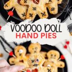 Hand holds a golden-brown voodoo doll-shaped hand pie; more decorated pies on plates in background.