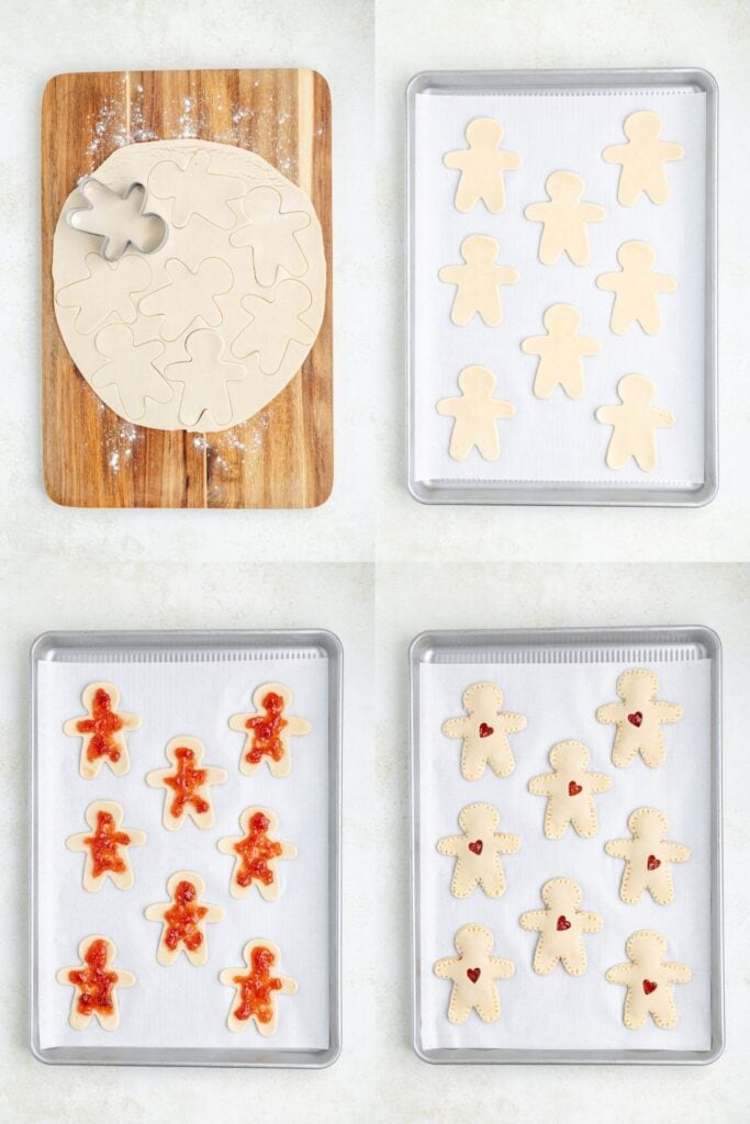 Four-step hand pie process: rolling dough, tray of shapes, adding jam, finished cookies on baking sheet.
