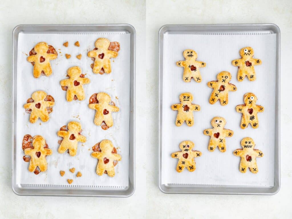 Two trays of voodoo doll pies people: undecorated cookies on the left, decorated with faces and buttons on the right.