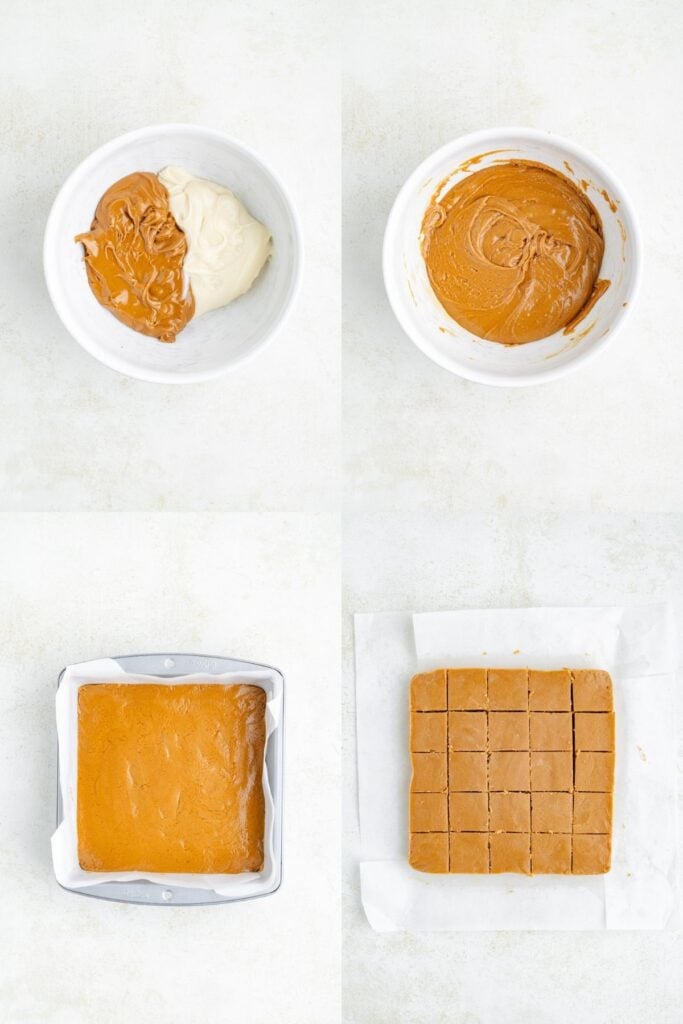 Four-panel grid showing cookie butter and white frosting being mixed, spread into a pan, and cut.
