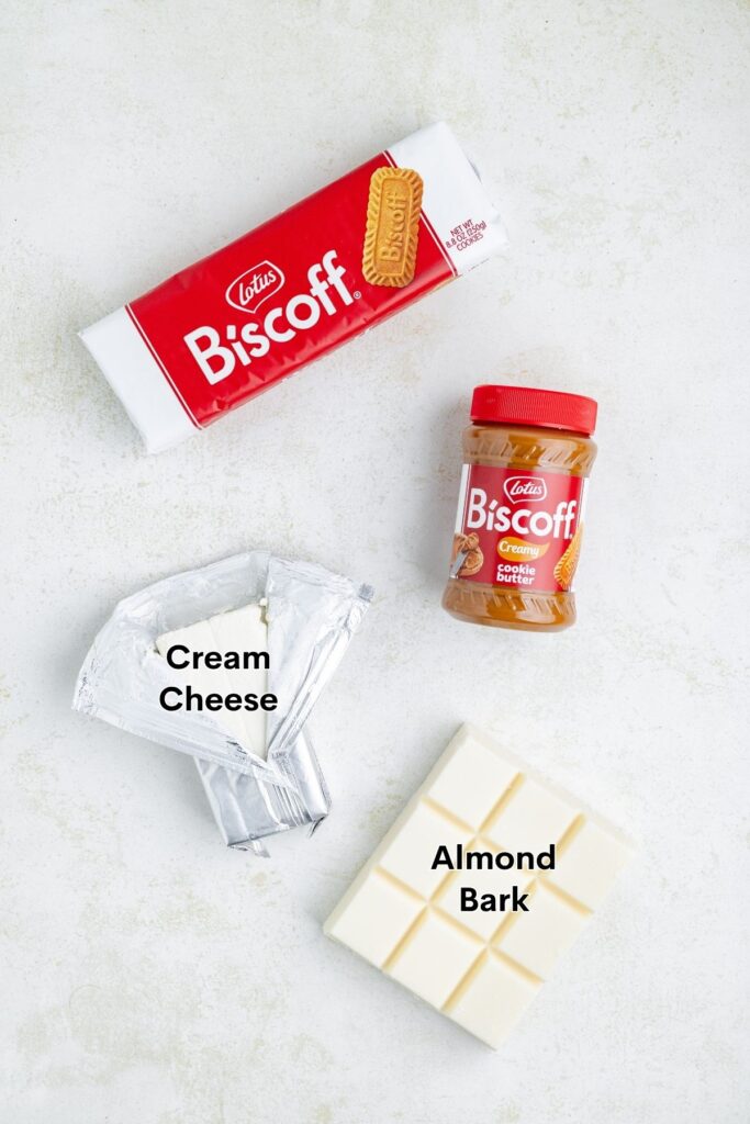 Biscoff cookies, Biscoff cookie butter, cream cheese, and almond bark.