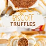 White chocolate-covered Biscoff truffles on a plate, drizzled with cookie butter and topped with crumbs.