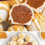 Lotus Biscoff truffles drizzled with icing, topped with crumbs, and shown in cross-section.
