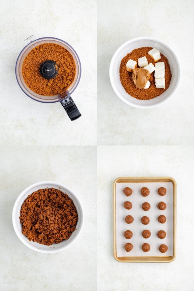 Four photos illustrating the process of making dough, from crumbs and mixed ingredients to rolled balls.