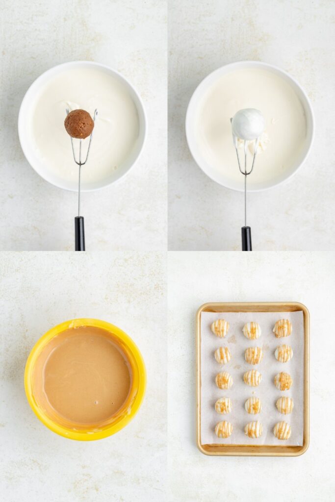 Four-part image of cake pops being dipped in white chocolate and arranged on a baking sheet.