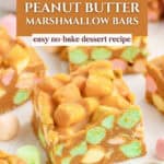 Squares of peanut butter marshmallow bars with text overlay detailing a two-ingredient no-bake dessert recipe.
