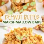 A stack of Peanut Butter Marshmallow Bars on a plate with the text Peanut Butter Marshmallow Bars.
