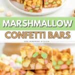 A stack of square peanut butter marshmallow treats filled with multi-colored marshmallows.