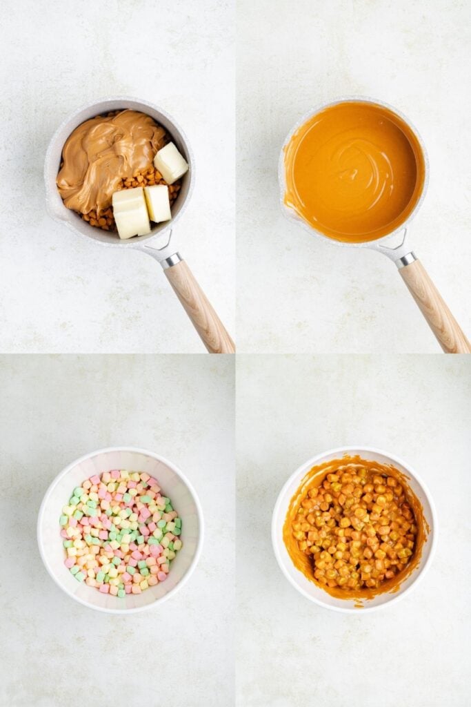 A four-part collage showing peanut butter, butter, and chips melting, then mixed with marshmallows.