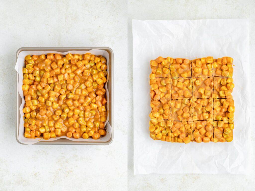 A square pan of coated marshmallows and sliced squares on parchment paper.