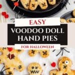 Gingerbread-shaped voodoo doll hand pies with stitched icing, candy eyes, and red hearts on plates.